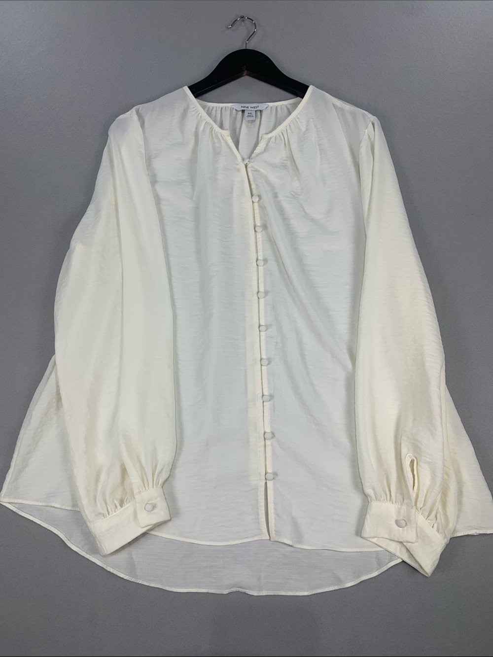 Nine West Ivory Covered-Button Long Sleeve Blouse